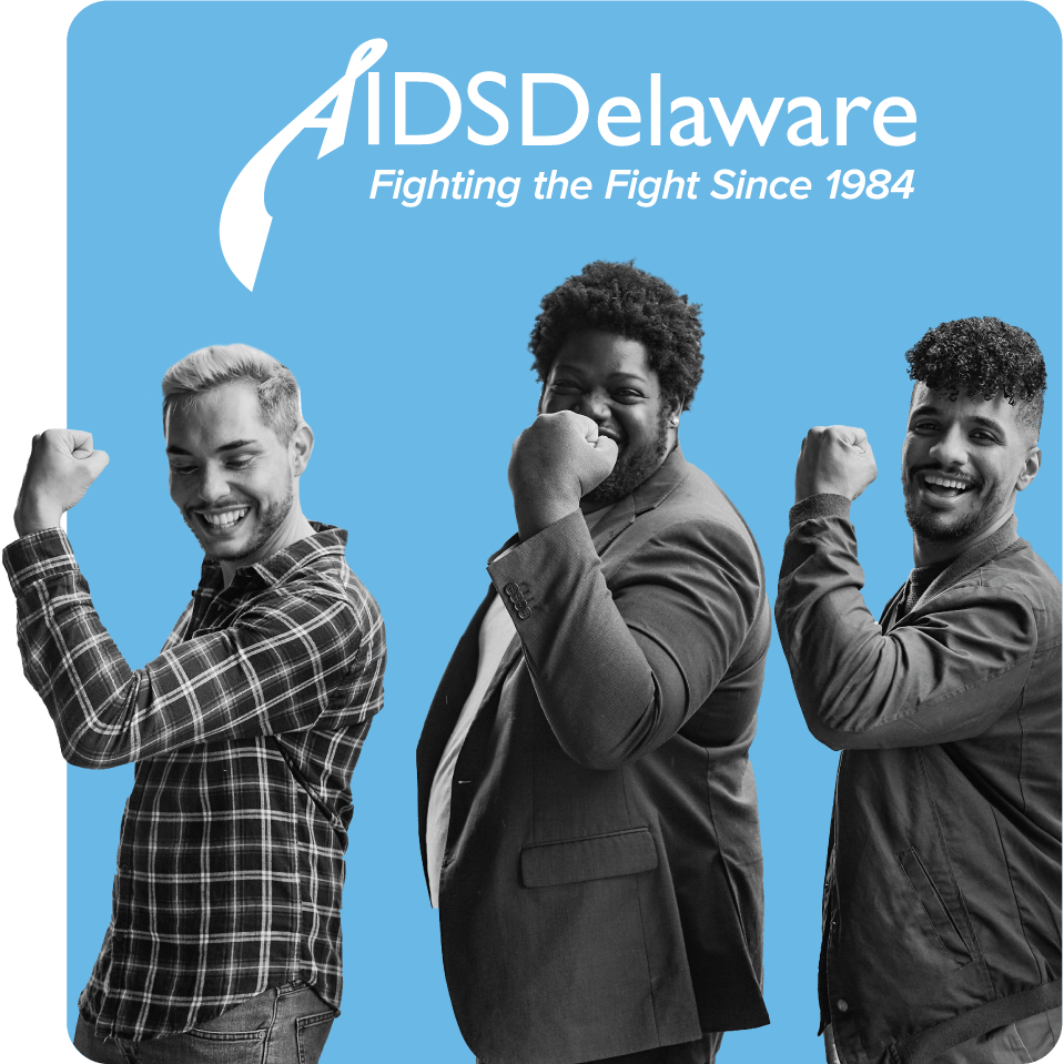 Three men flexing their arms, promoting strength in health for AIDS Delaware and the sexual health benefits of PrEP and doxy-PEP for those in Delaware - Q Care Plus
