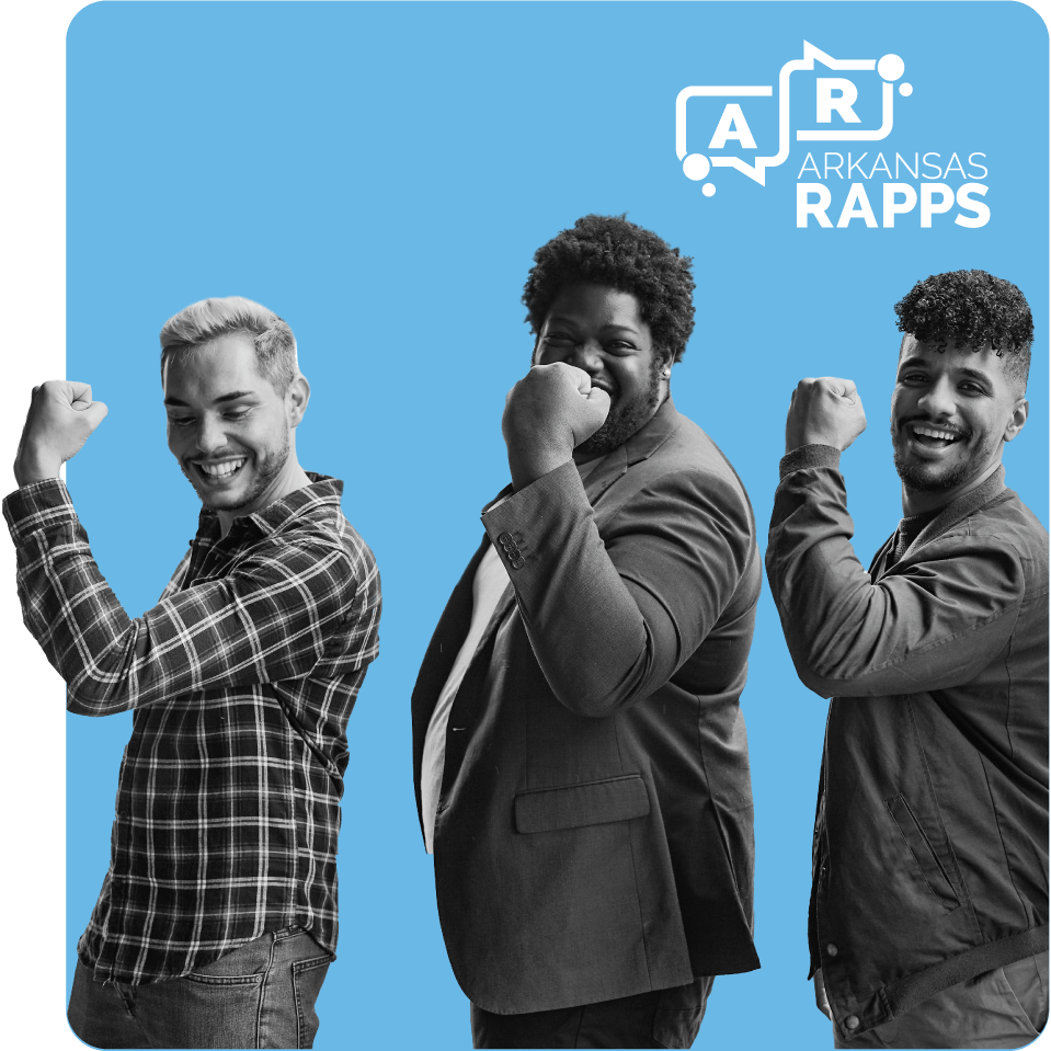 Three men flexing their arms, promoting strength in health for AR RAPPS and the sexual health benefits of PrEP and doxy-PEP for those in Arkansas - Q Care Plus