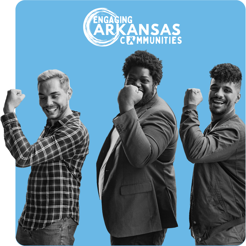 Three men flexing their arms, promoting strength in health for Engaging Arkansas Communities and the sexual health benefits of PrEP and doxy-PEP for those in Arkansas - Q Care Plus