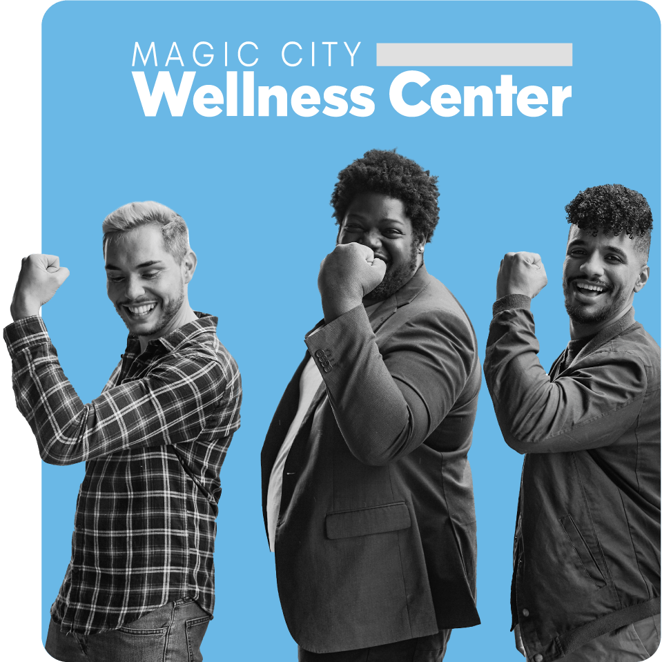 Three men flexing their arms, promoting strength in health for Magic City Wellness and the sexual health benefits of PrEP and doxy-PEP for those in Alabama - Q Care Plus