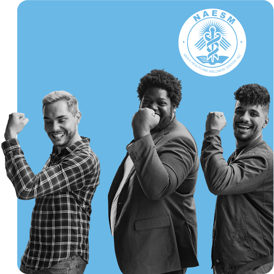 Three men flexing their arms, promoting strength in health for NAESM and the sexual health benefits of PrEP and doxy-PEP for those in Georgia - Q Care Plus