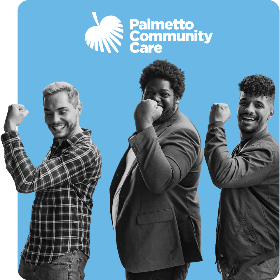 Three men flexing their arms, promoting strength in health for Palmetto Community Care and the sexual health benefits of PrEP and doxy-PEP for those in South Carolina - Q Care Plus