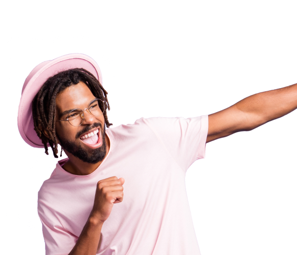 Smiling man in pink hat and shirt learning about Q Care Plus