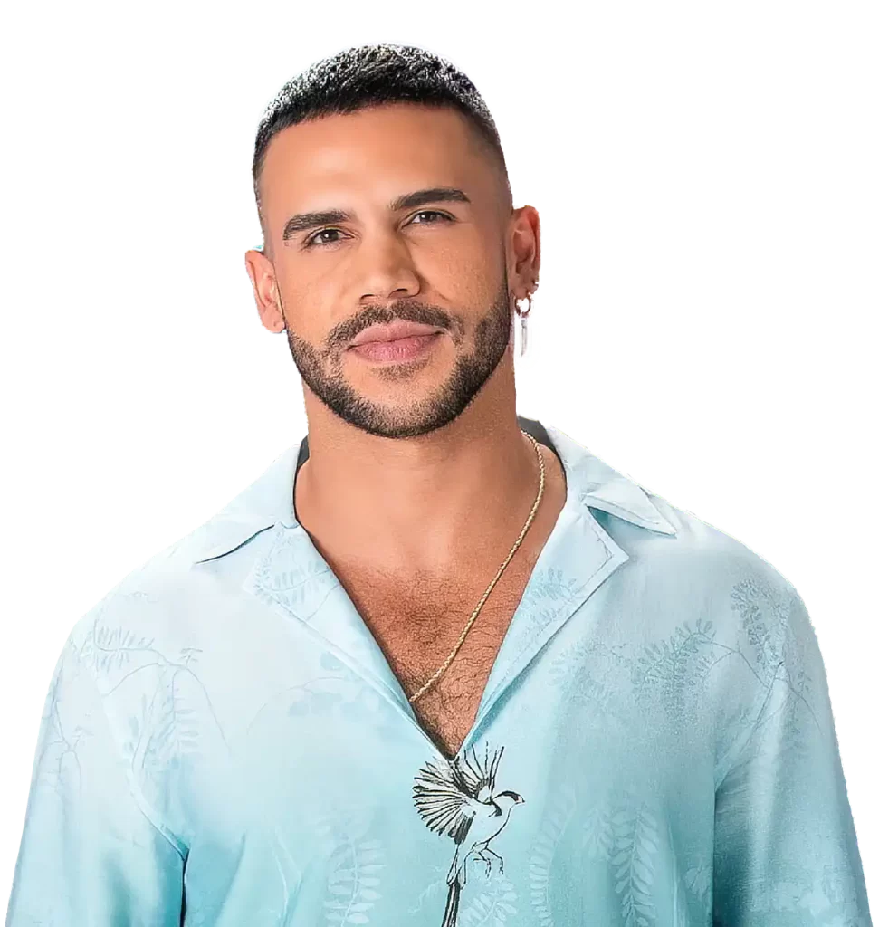 Man with short beard wearing a light blue shirt with a bird design on the chest -