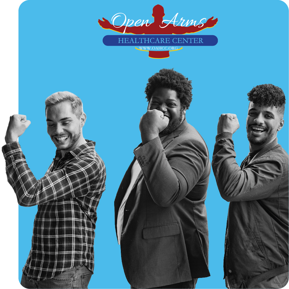 Three men flexing their arms, promoting strength in health for Open Arms and the sexual health benefits of PrEP and doxy-PEP for those in Mississippi - Q Care Plus