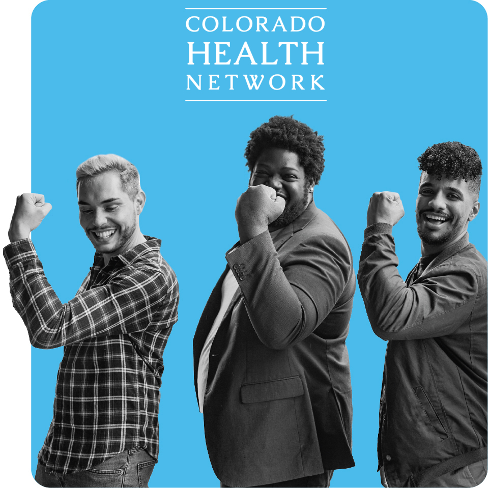 Three men flexing their arms, promoting strength in health for Colorado Health Network and the sexual health benefits of PrEP and doxy-PEP for those in Colorado - Q Care Plus