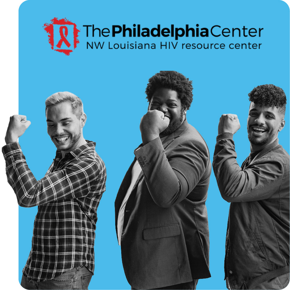 A group of men flexing their HIV prevention with The Philadelphia Center by using PrEP.