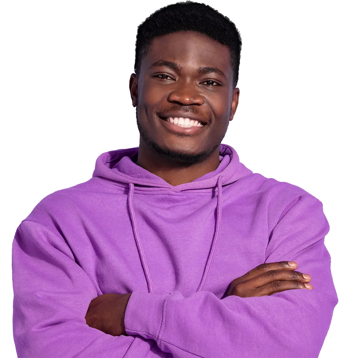 Confident, smiling twenty year old male in a purple sweatshirt