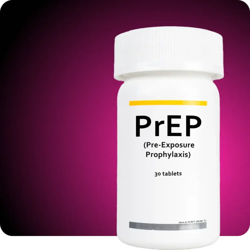 PrEP medication bottle against a purple background, labeled as Pre-Exposure Prophylaxis.